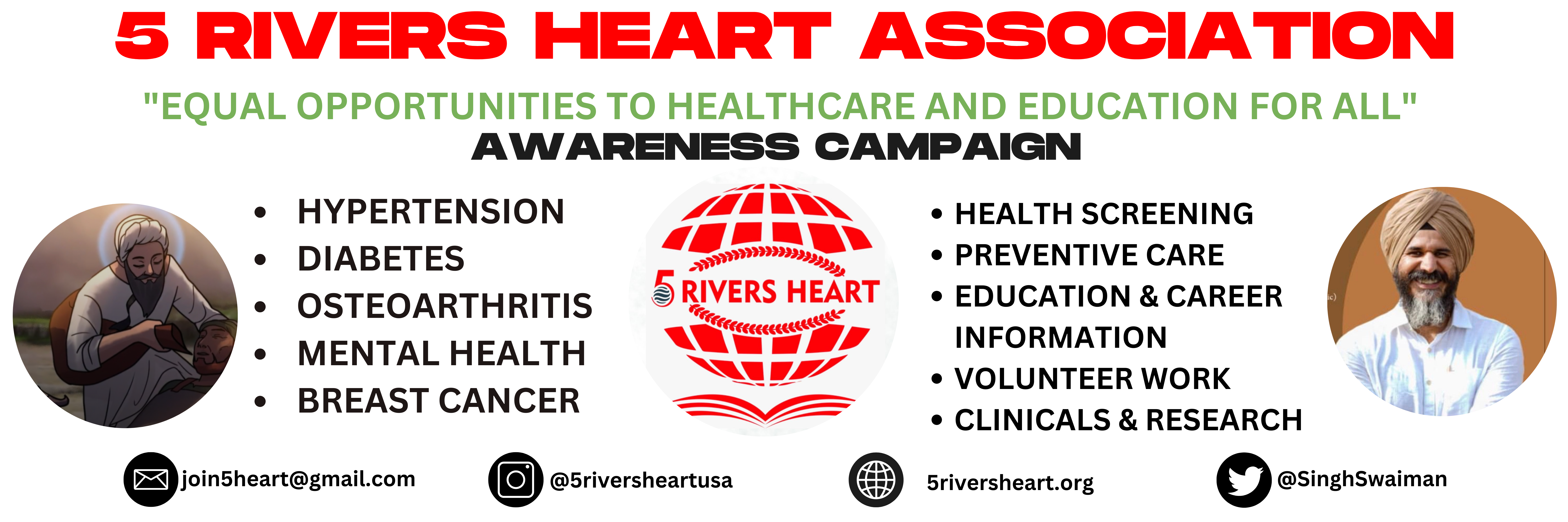 5 Rivers Heart Association awareness campaign banner. Focus areas: hypertension, diabetes, osteoarthritis, mental health, breast cancer. Activities: health screening, preventive care, education and career information, volunteer work, clinicals and research.