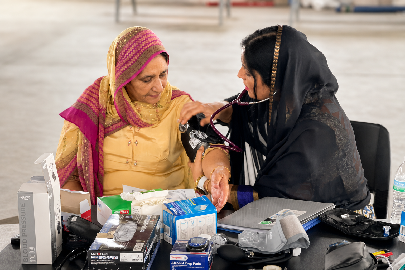 A volunteer checks a community member's blood pressure at a Houston health camp.