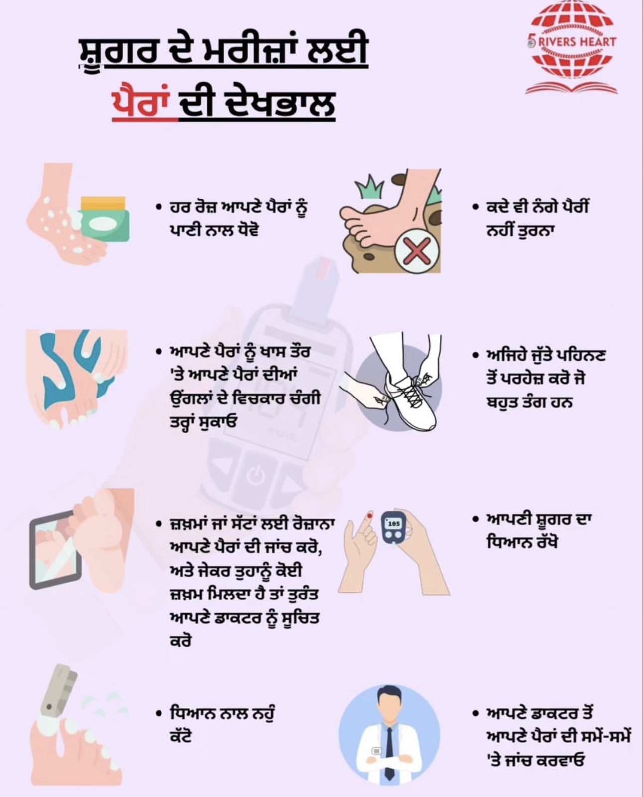 Foot care for diabetic patients health poster in Punjabi